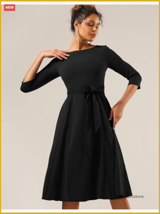 Vintage Cocktail Dress with 3/4 Sleeves, A-Line Fit and Flare, Nylon Elastane - Picture 5 of 7